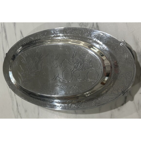 Large Arthur Court 1980 24" X 12.5" aluminum handled tray bunny rabbits Holiday - Picture 4 of 4